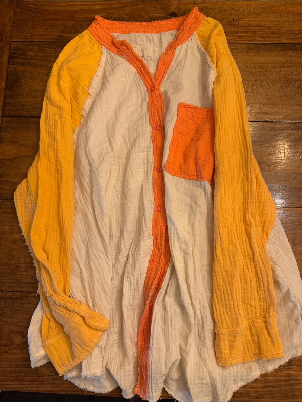 aerie White Button-Down Shirt with Orange Trim and Yellow Sleeves